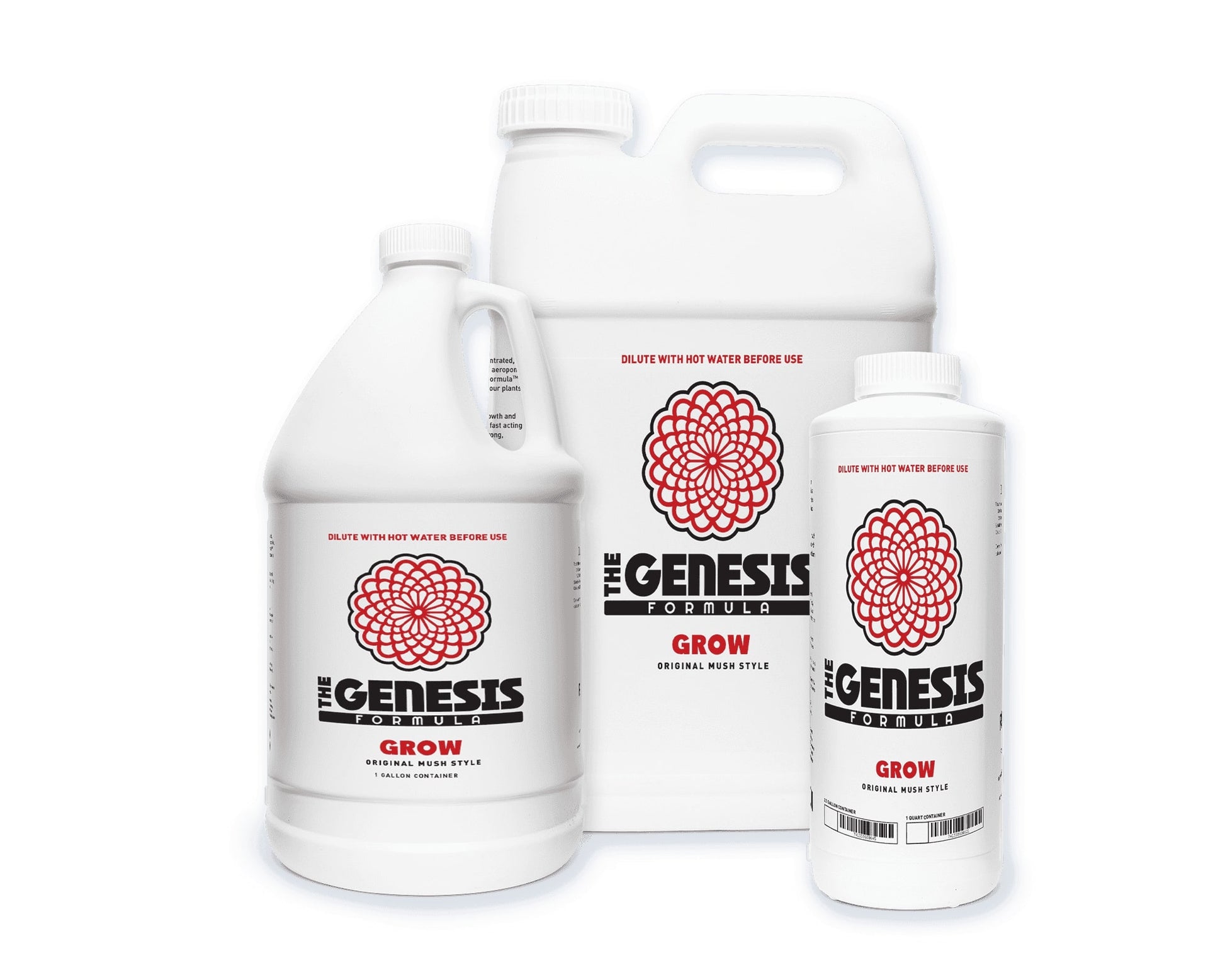 Bottles of Genesis Formula GROW plant nutrient solution, in various sizes.